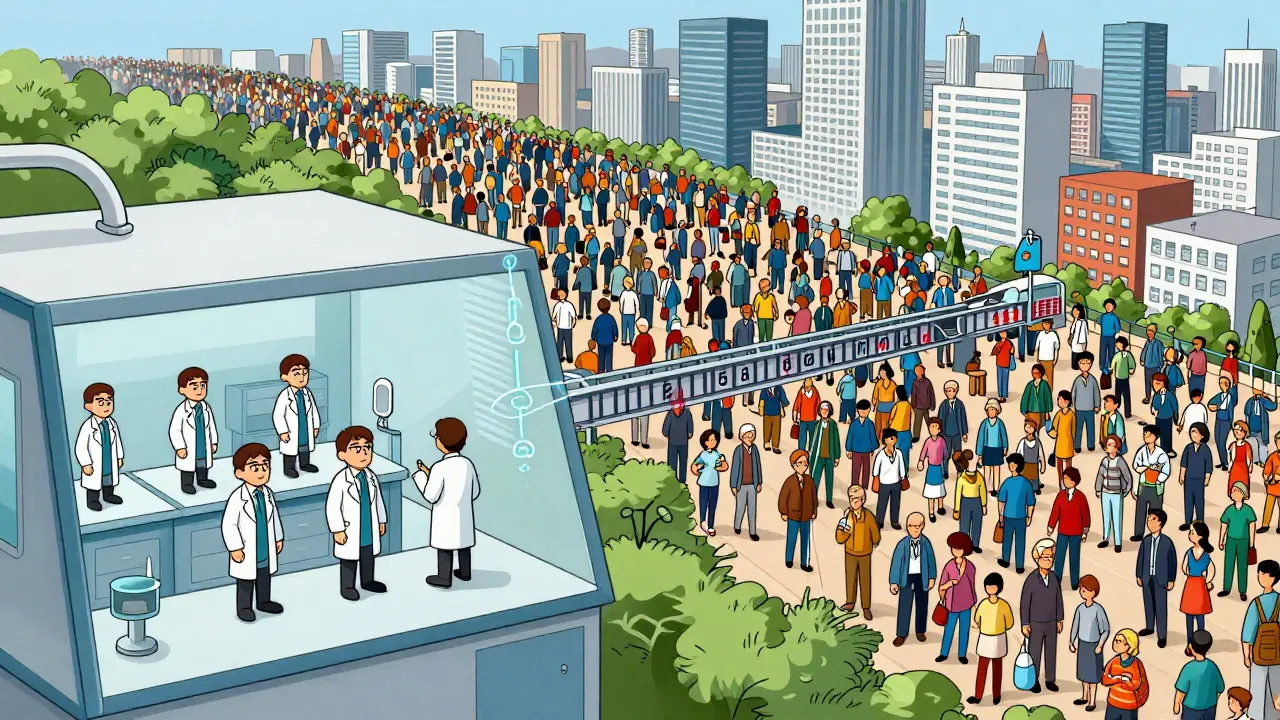 治験の管理環境から多様な人々が暮らす実社会へと視点が移る様子