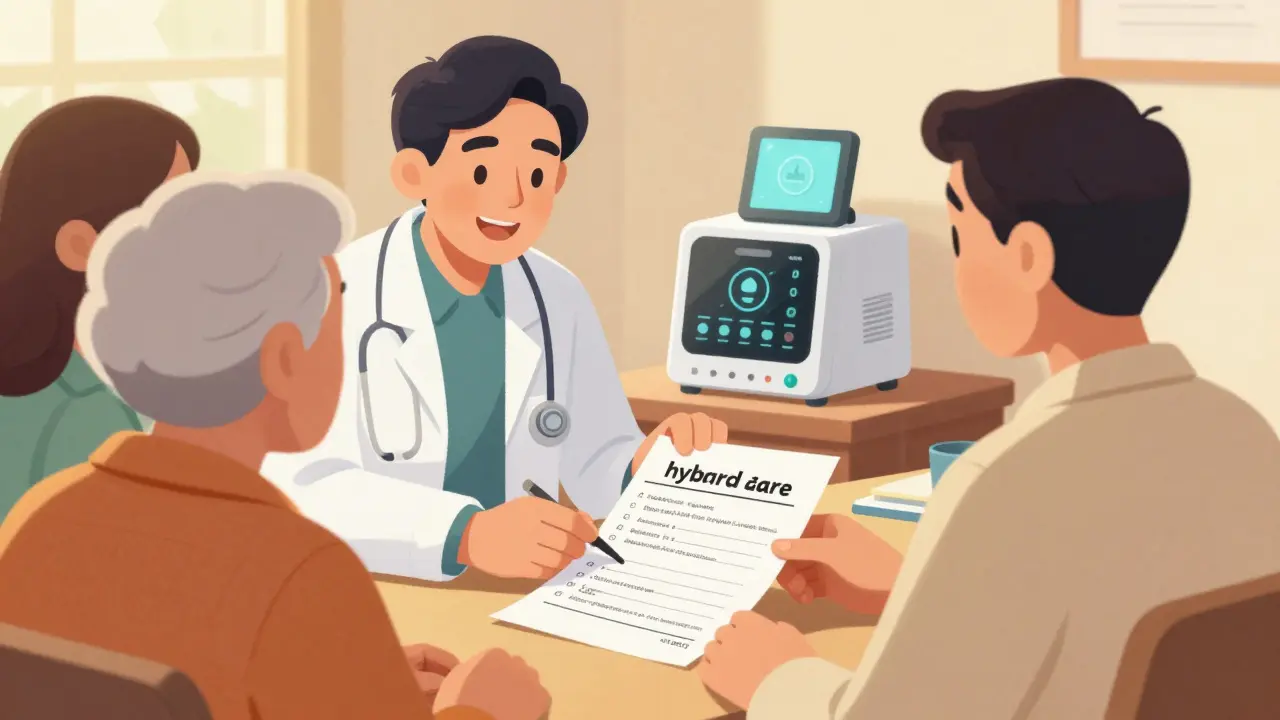 専門家と家族が一緒に薬のリストを確認し、サポートし合う温かい雰囲気のイラスト