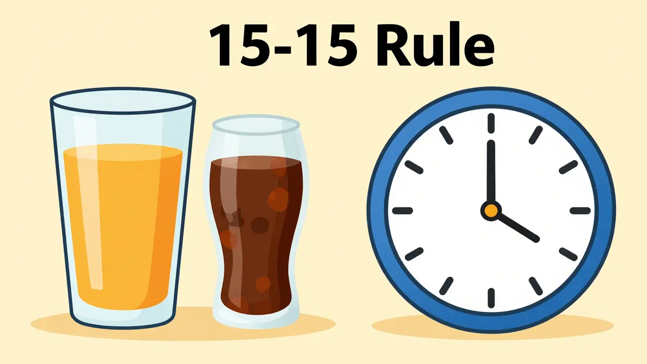 低血糖対策の15-15ルールを示す果汁と時計のイラスト