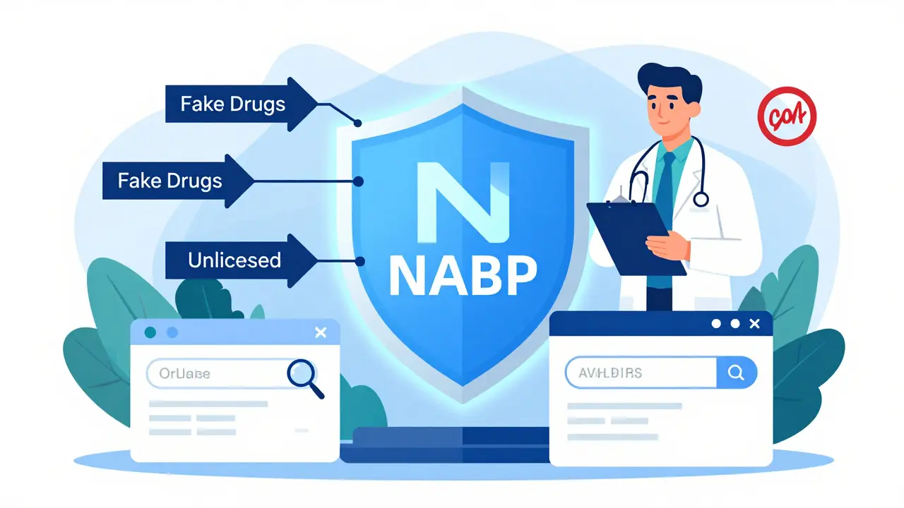 NABP認証による安全な薬局検証のプロセスを示す図