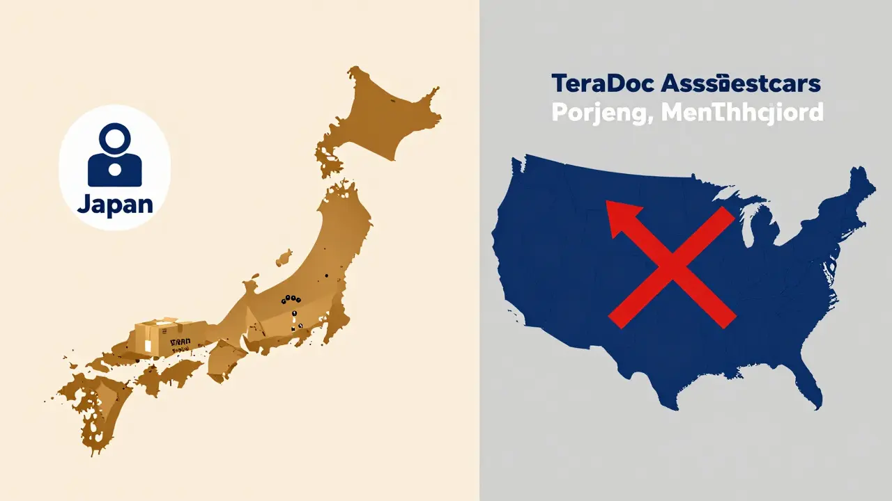 日本の国内サービス利用と米国サービスの配送制限を比較する図解風イラスト