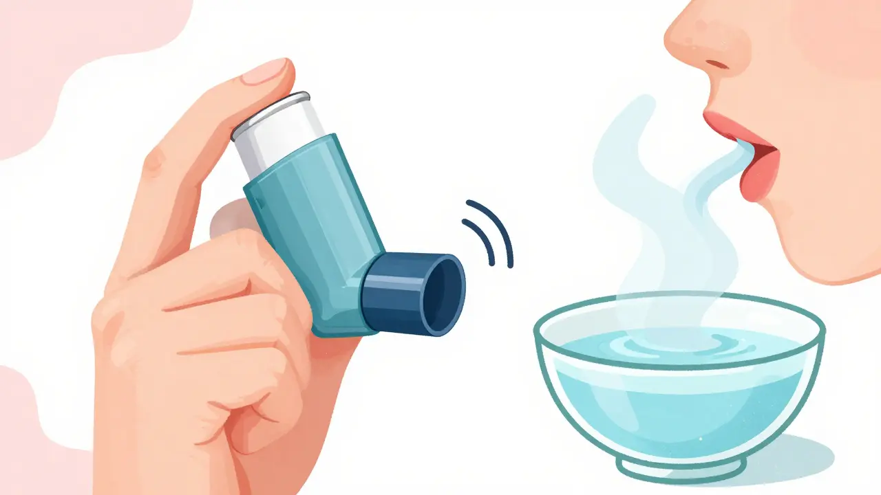 吸入器の正しい使い方と使用後のうがいを示す教育的イラスト