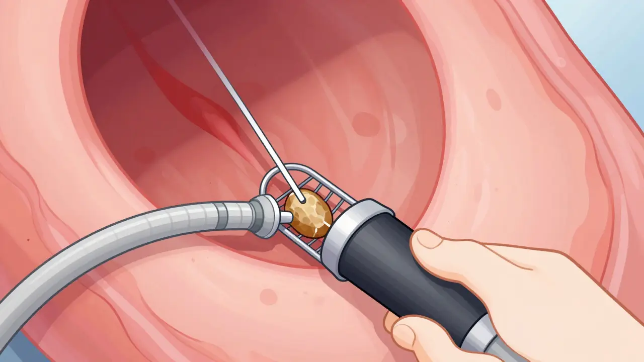 ERCP処置で内視鏡により胆管結石を取り除く様子