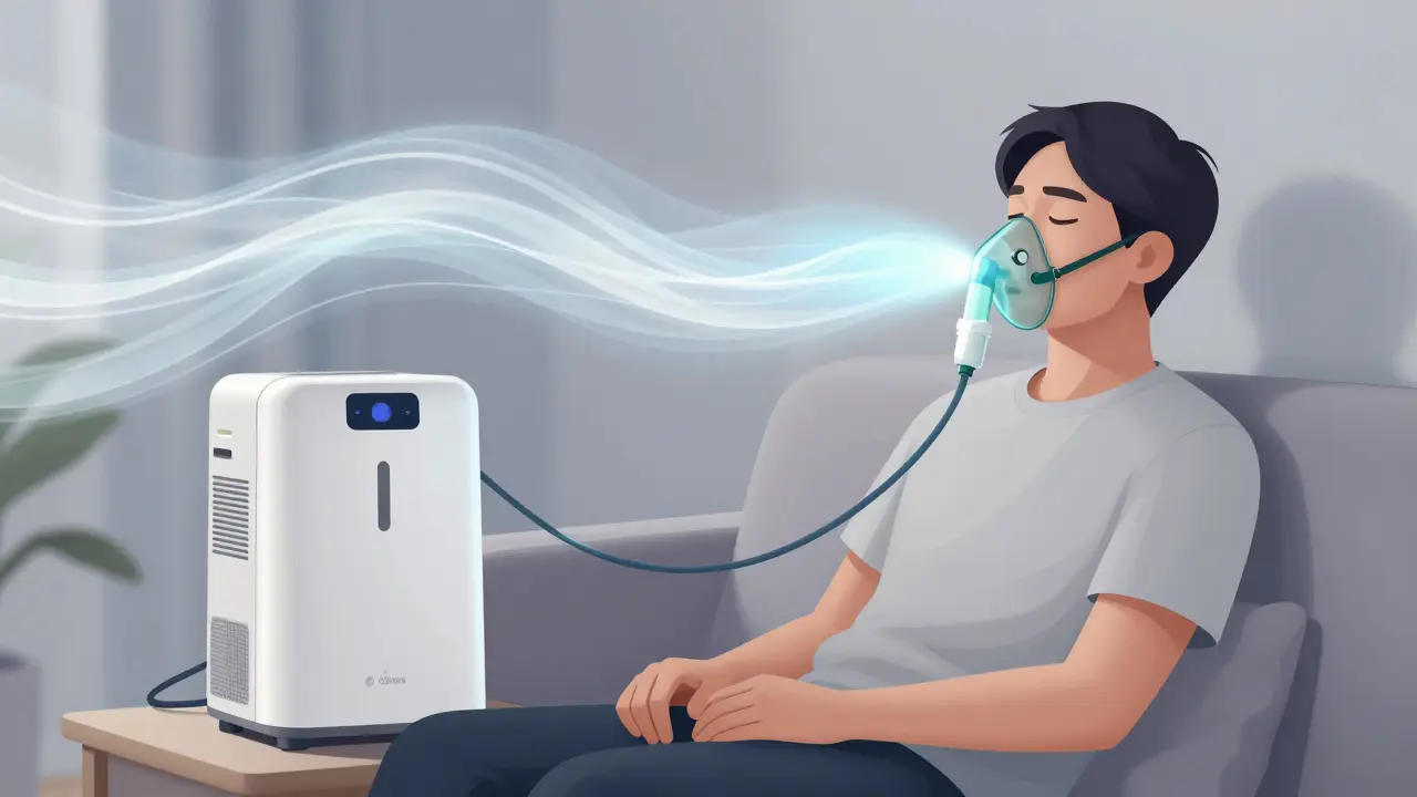 家庭で酸素吸入器を使ってリラックスしている人のイラスト
