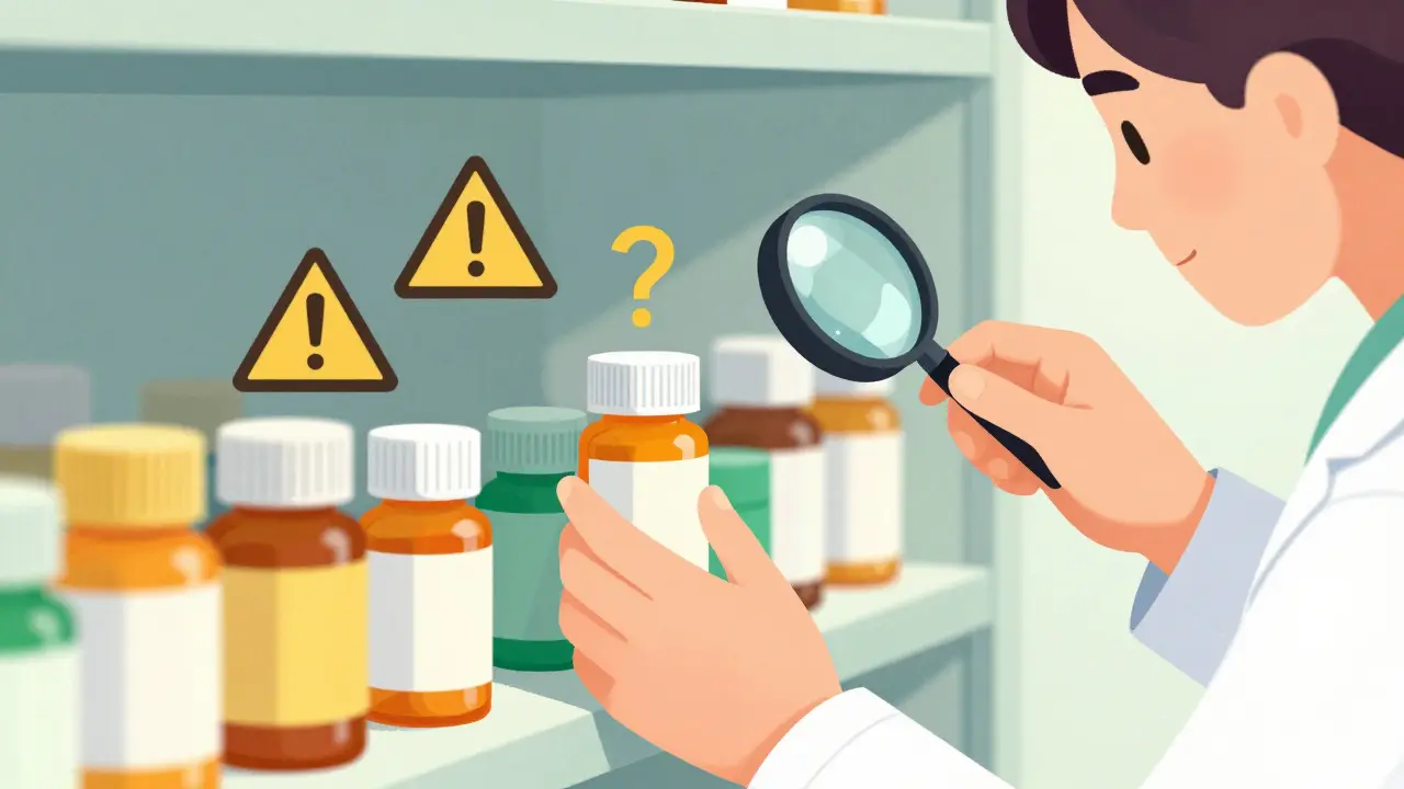 薬剤師が狭い治療域指数薬を含むボトルを注意深く確認するイラスト
