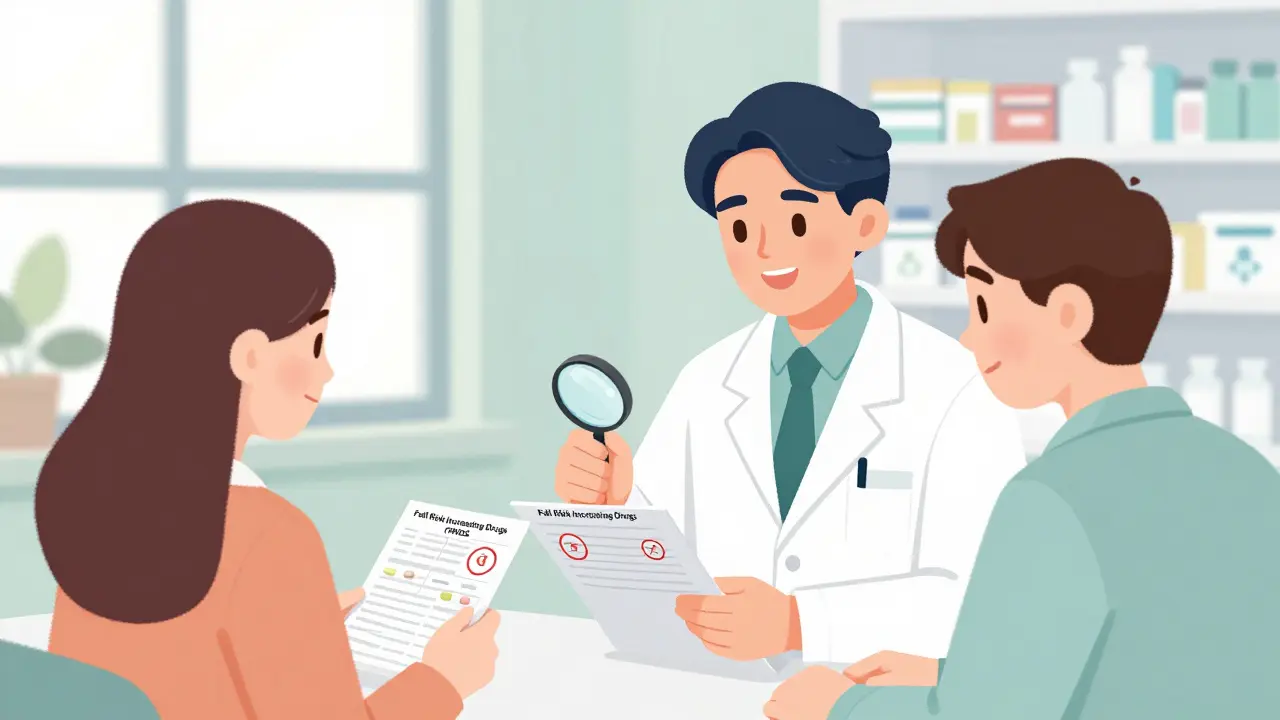 薬剤師と医師が転倒リスクのある薬を確認する様子