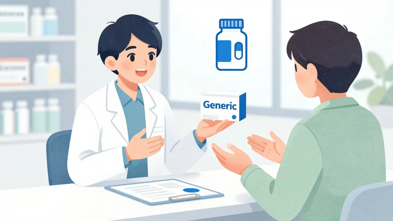 医師と薬剤師が患者にジェネリックや分割調剤などの対策を説明する場面